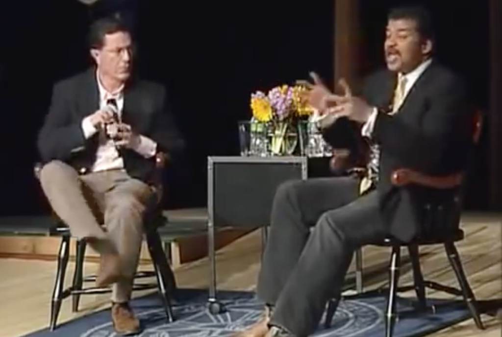 a long interview by stephen colbert with astrophysicist Neil Degrasse Tyson
